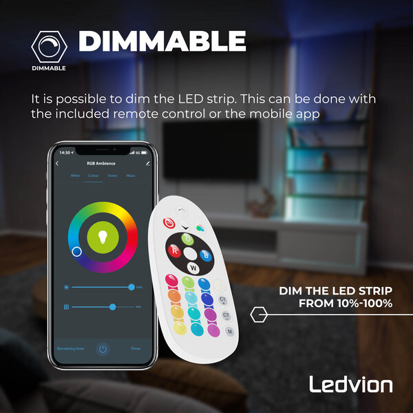 Ledvion Smart Ruban LED Dimmable - 10 Mètres - RGB + CCT - 24V - 19W - Prêt à l'emploi