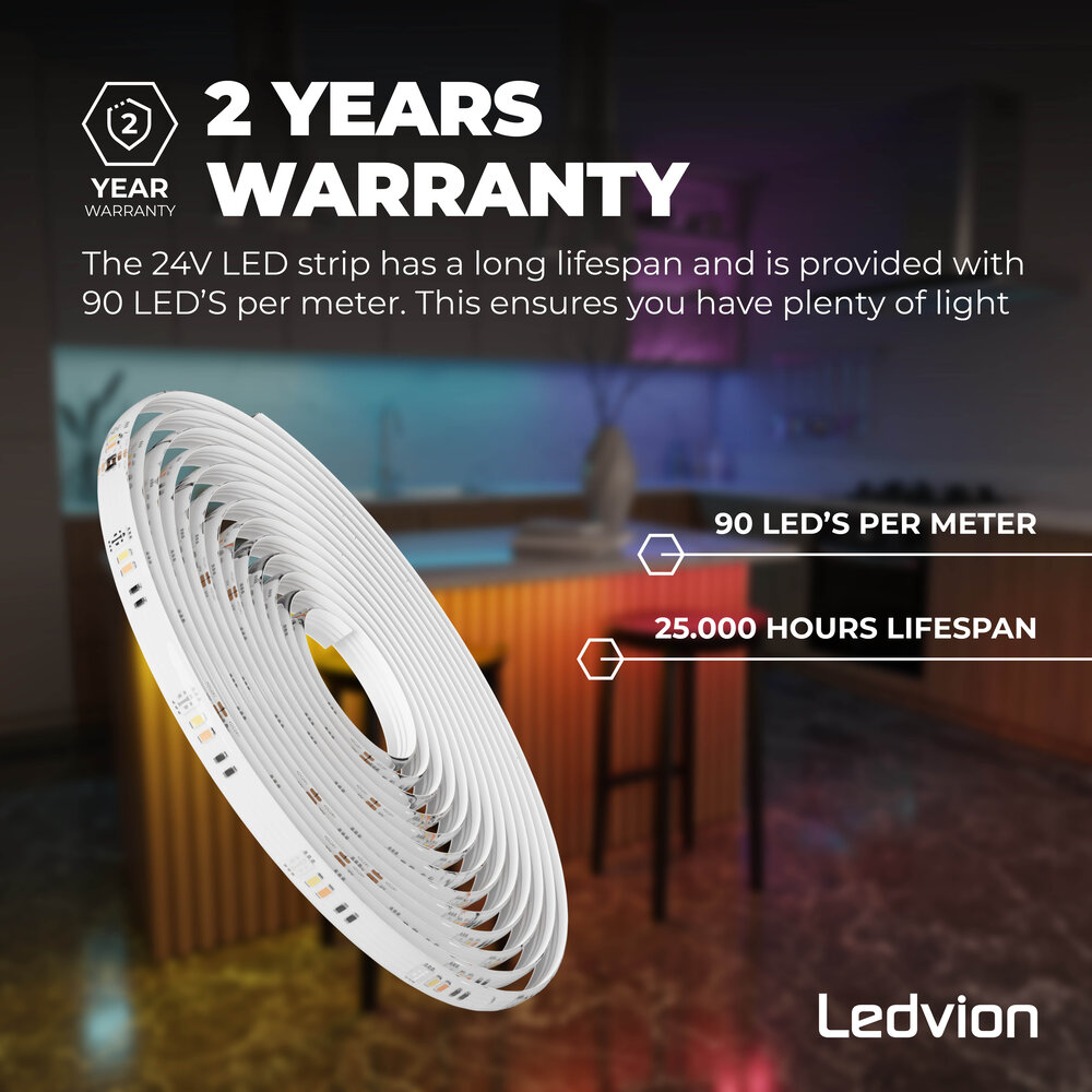 Ledvion Smart Ruban LED Dimmable - 10 Mètres - RGB + CCT - 24V - 19W - Prêt à l'emploi