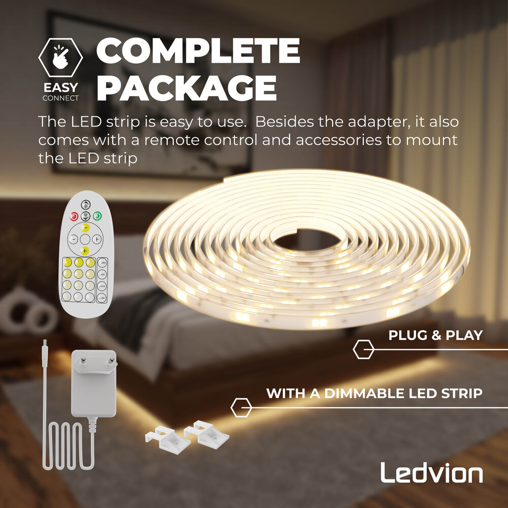 Ledvion Ruban LED Dimmable - 3 Mètres - 3000K-6500K - 24V - 9W - Prêt à l'emploi