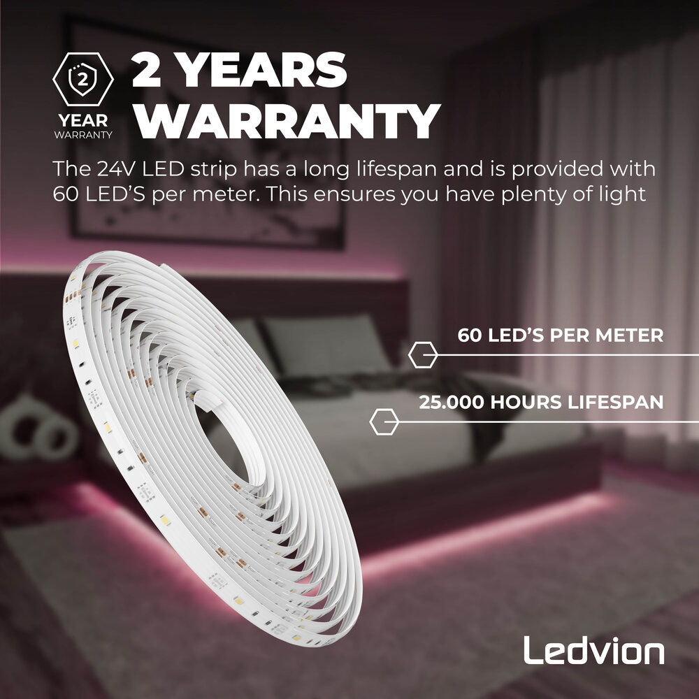 Ledvion Ruban LED Dimmable - 5 Mètres - RGB + 3000K - 24V - 13W - Prêt à l'emploi