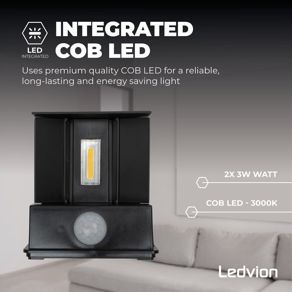 Ledvion Applique Murale LED avec Capteur de Mouvement - Noir - Cube - 3000K - 2x 3 Watt - IP44 - Deux Faces