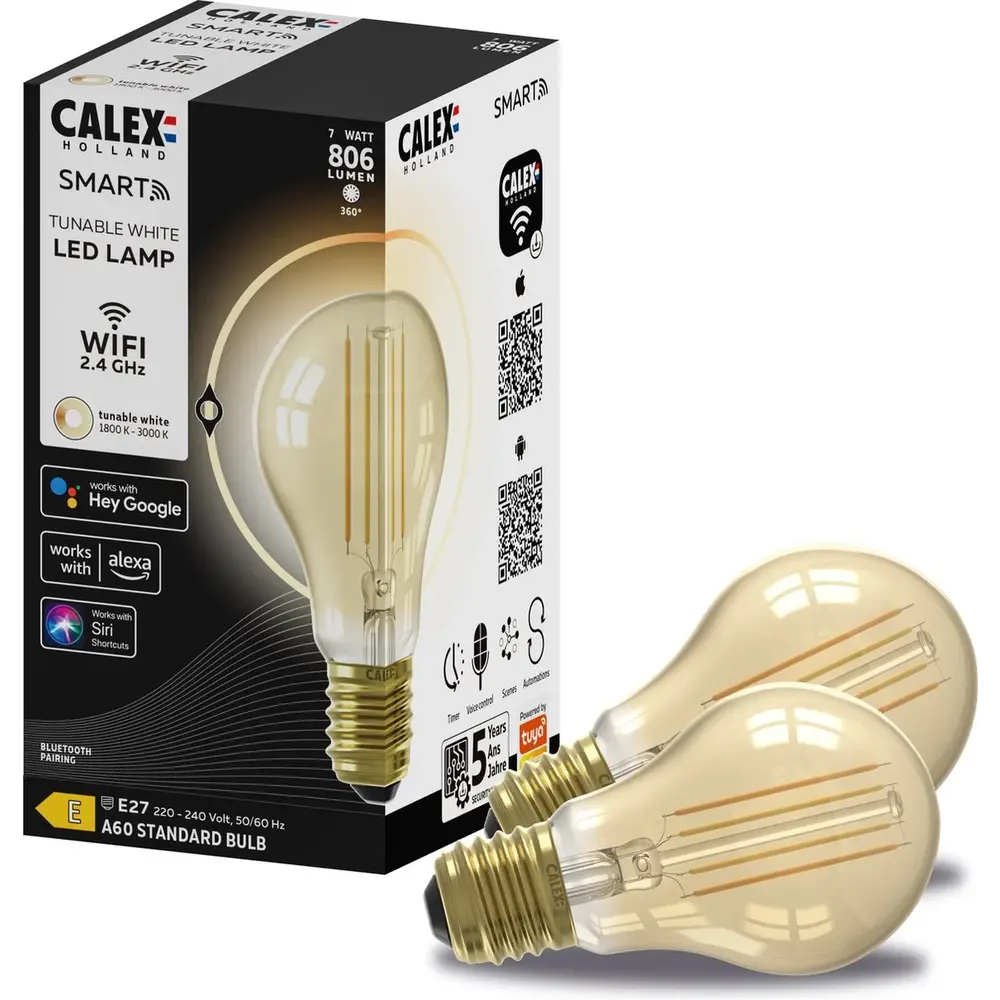Calex 2x Calex Smart Ampoule Filament LED - Dimmable - E27 - 7W - 1800K-3000K