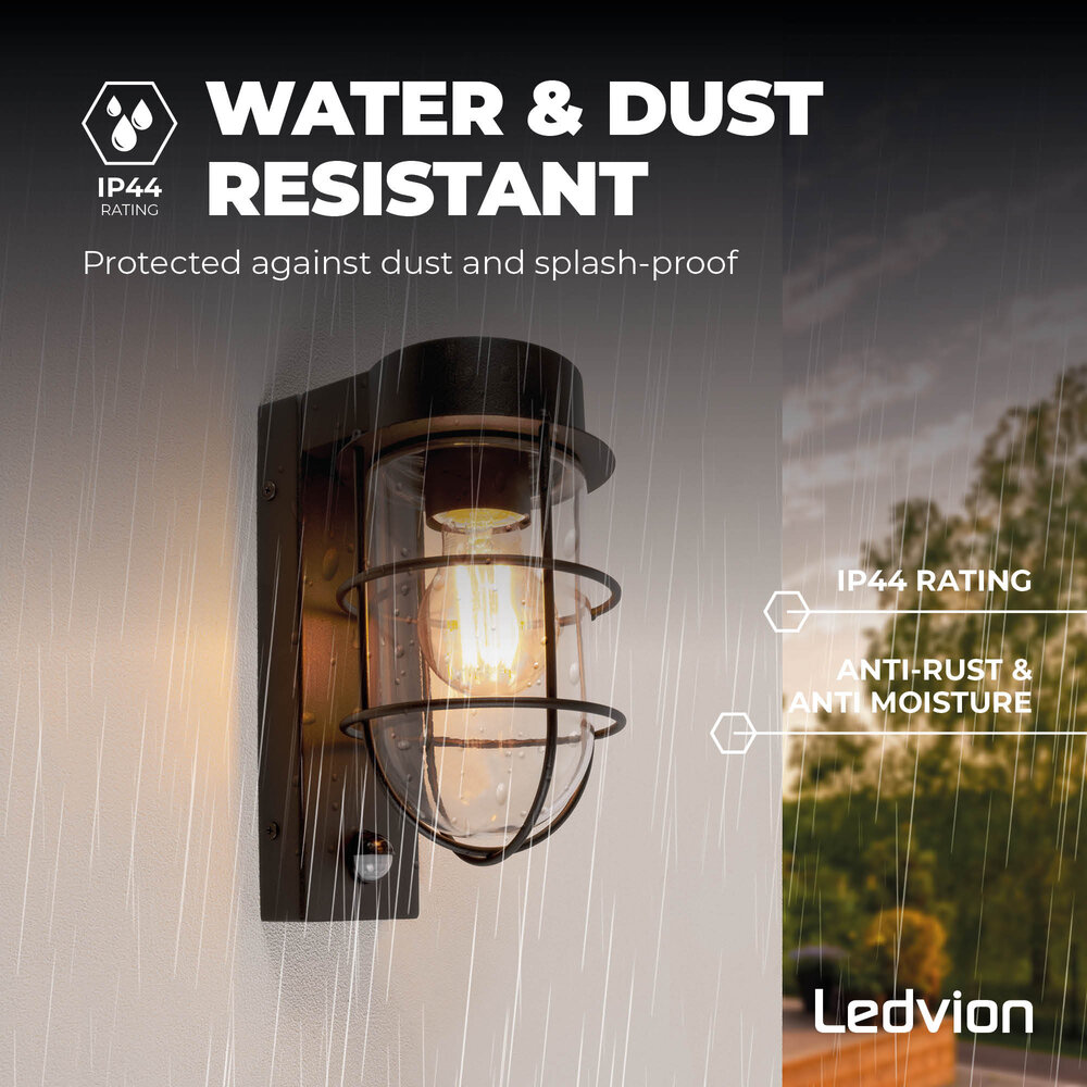 Ledvion Applique Murale LED avec Capteur - Noir -Industriel - IP44 - Raccord E27