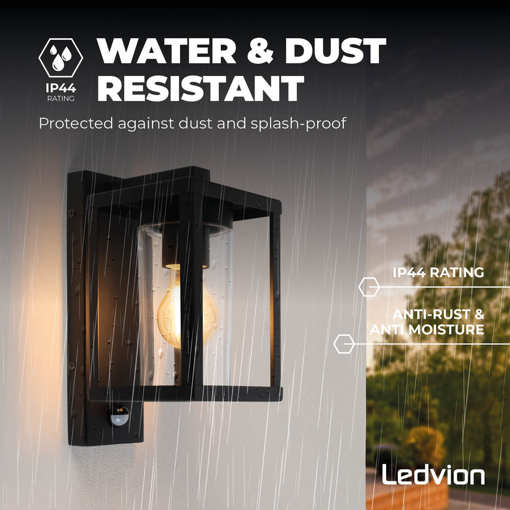 Ledvion Applique Murale Moderne d'Extérieur Avec Capteur - Noir - IP44 - Raccord E27