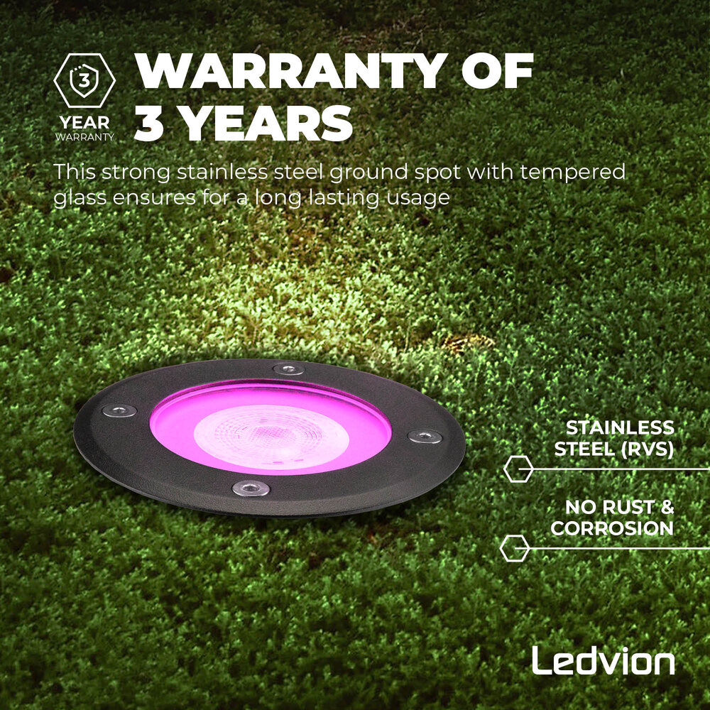 Ledvion 6x Spot encastrable de sol Smart LED - Noir - Ronde - IP67 - 4,9W - RGB+CCT - Câble 1M