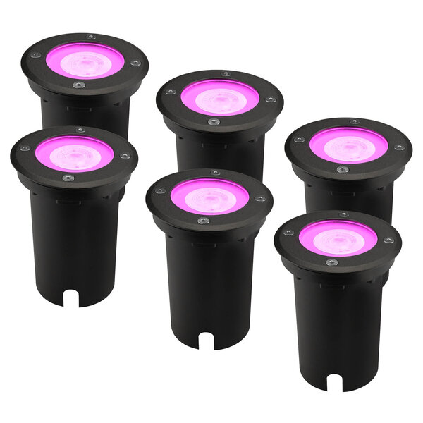 Ledvion 6x Spot encastrable de sol Smart LED - Noir - Ronde - IP67 - 4,9W - RGB+CCT - Câble 1M