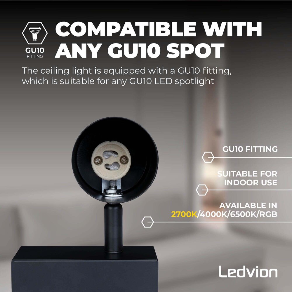 Ledvion Spot Plafonnier LED Noir à 4 lumières - 5W - 2700K - Inclinable