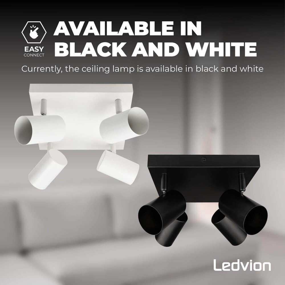 Ledvion Spot Plafonnier LED Noir à 4 lumières - 5W - 2700K - Inclinable