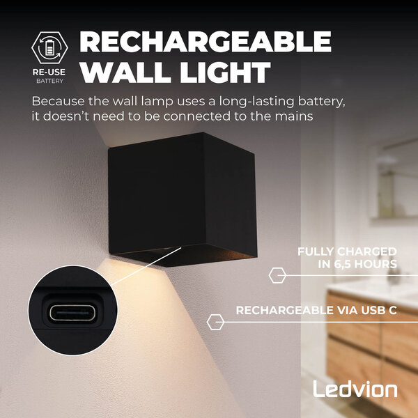 Ledvion Applique Murale Rechargeable avec Capteur - USB - Noir - IP44 - Sans fil - Batterie 4400 mAh