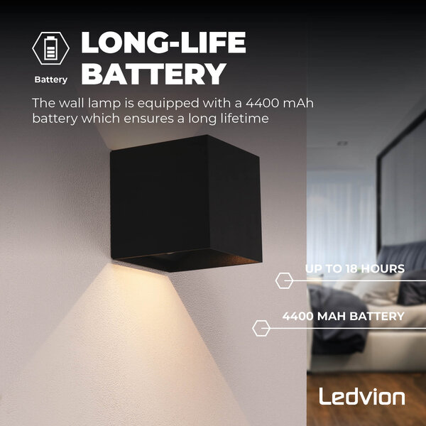 Ledvion Applique Murale Rechargeable avec Capteur - USB - Noir - IP44 - Sans fil - Batterie 4400 mAh