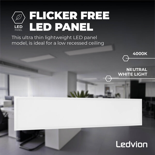 Ledvion Panneau LED 120x30 - UGR <19 - 24W - 160 Lm/W - 4000K - 5 Années Garantie - Classe énergétique A