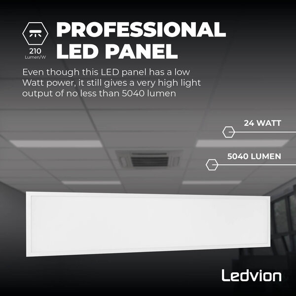 Ledvion Panneau LED 120x30 - UGR <19 - 24W - 210 Lm/W - 6500K - 5 Années Garantie - Classe énergétique A