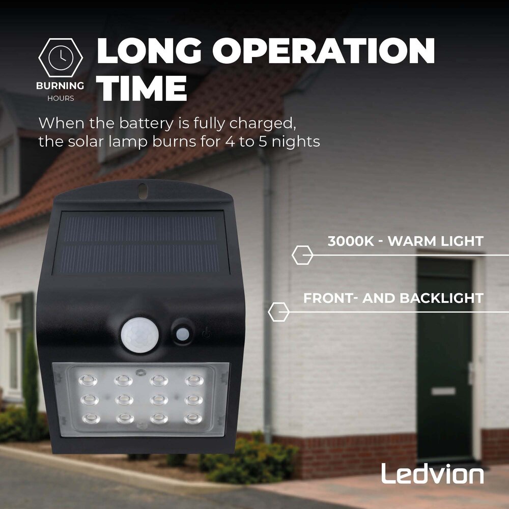 Ledvion Applique Solaire avec Détecteur de Mouvement - Noir - 1.5W - 3000K