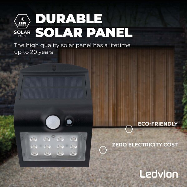 Ledvion Applique Solaire avec Détecteur de Mouvement - Noir - 1.5W - 3000K