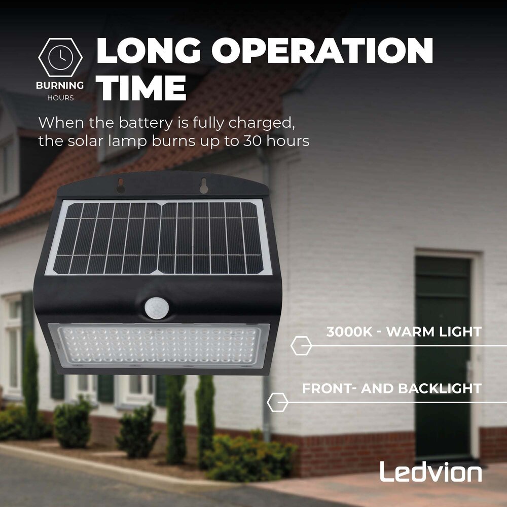 Ledvion Applique Solaire avec Détecteur de Mouvement - Noir - 8W - 3000K