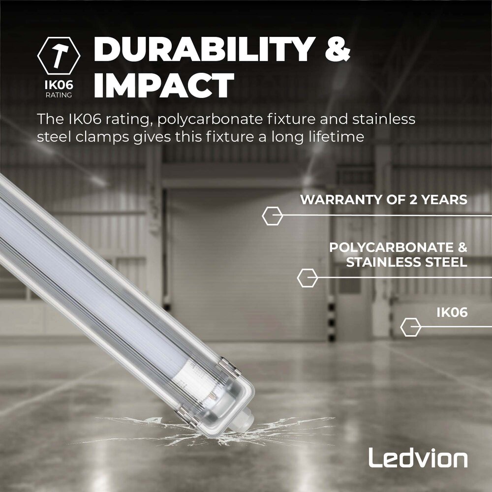 Ledvion Réglette LED 60CM - 7W - 1120 Lumen - 4000K - IP65 - avec tube fluorescent LED