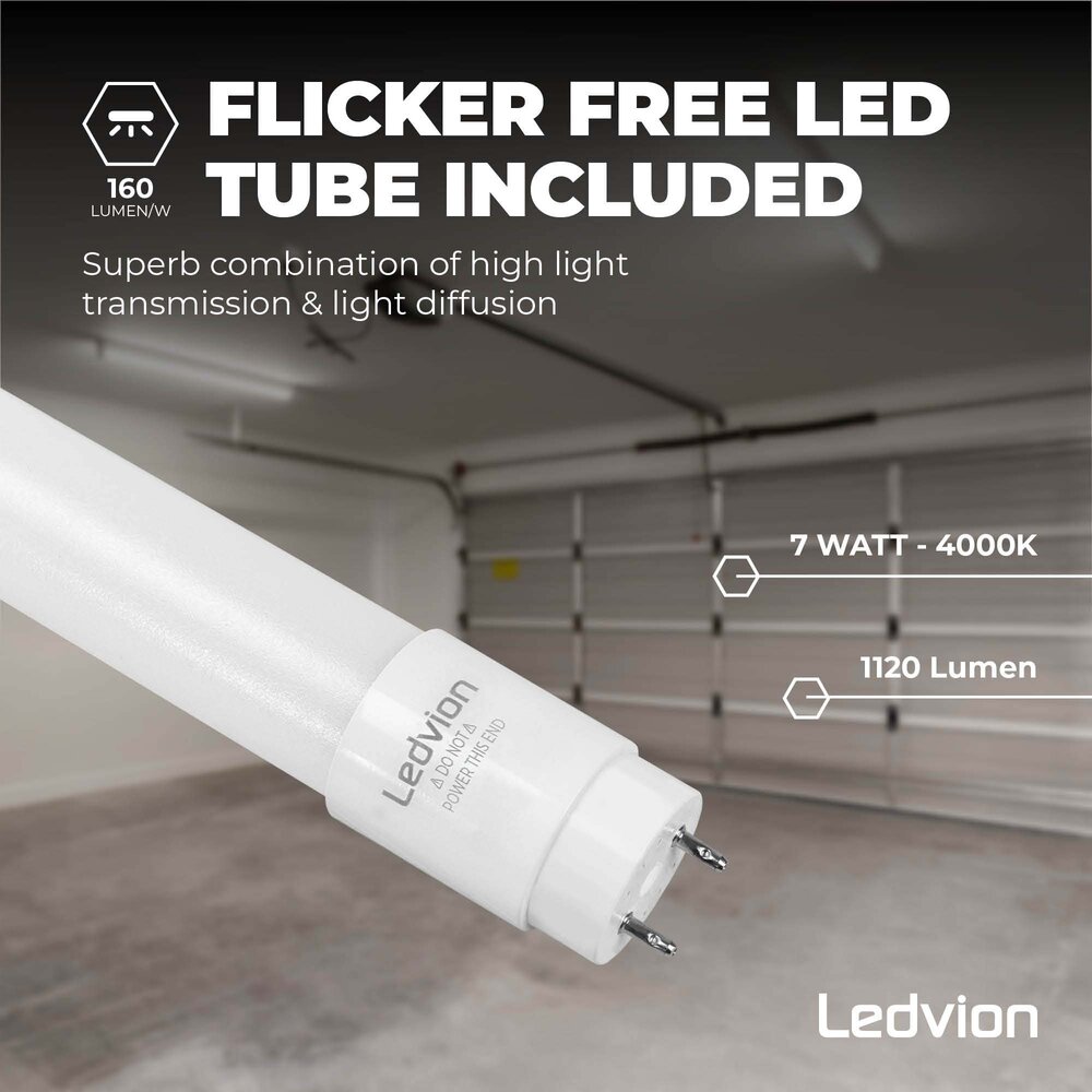 Ledvion Réglette LED 60CM - 7W - 1120 Lumen - 4000K - IP65 - avec tube fluorescent LED