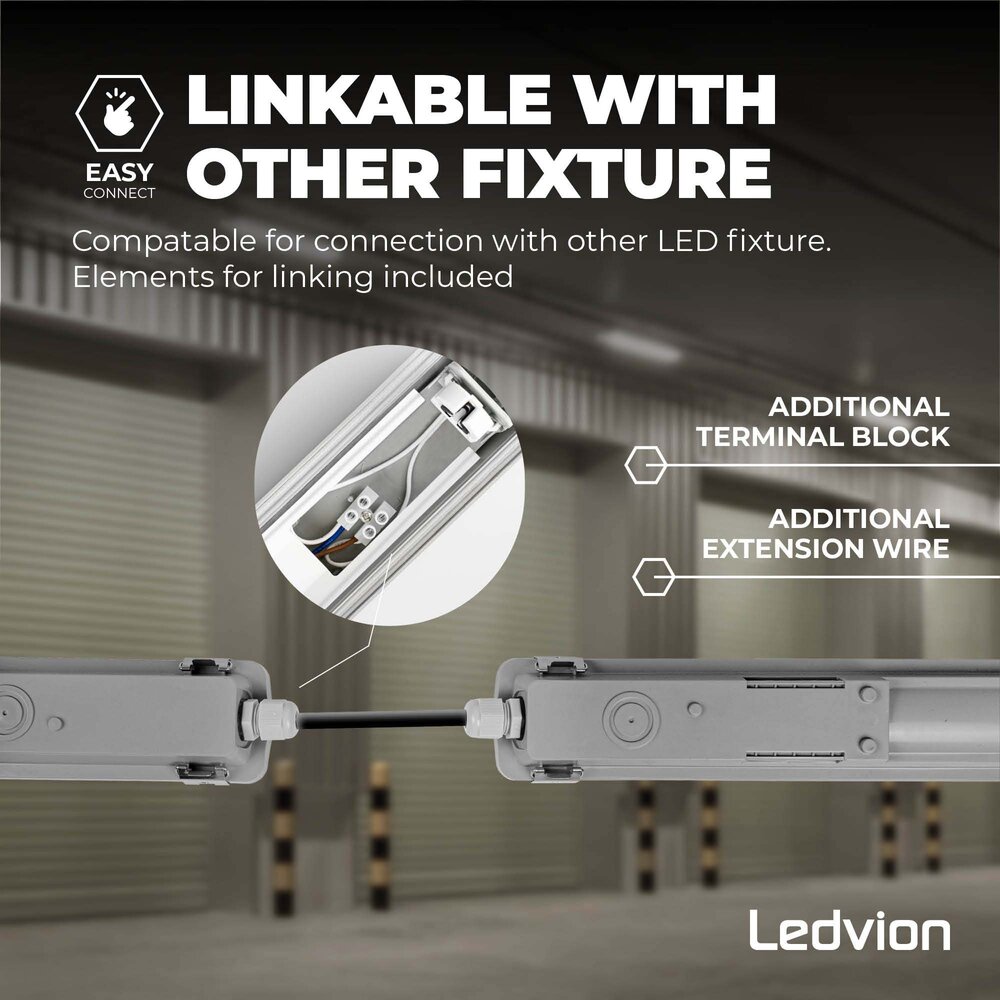 Ledvion Réglette LED 60CM - 6.3W - 1100 Lumen - 4000K - Haute Efficacité - Étiquette Énergétique C - IP65 - avec tube fluorescent LED