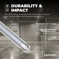 Ledvion Réglette LED 60CM - 6.3W - 1100 Lumen - 4000K - Haute Efficacité - Étiquette Énergétique C - IP65 - avec tube fluorescent LED