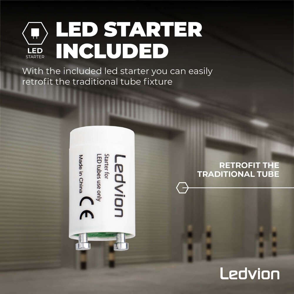 Ledvion Réglette LED 60CM - 6.3W - 1100 Lumen - 4000K - Haute Efficacité - Étiquette Énergétique C - IP65 - avec tube fluorescent LED