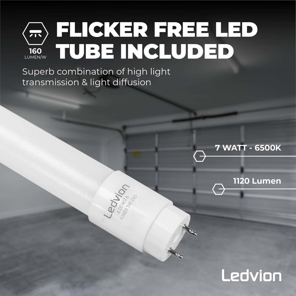 Ledvion Réglette LED 60CM - 7W - 1120 Lumen - 6500K - IP65 - avec tube fluorescent LED