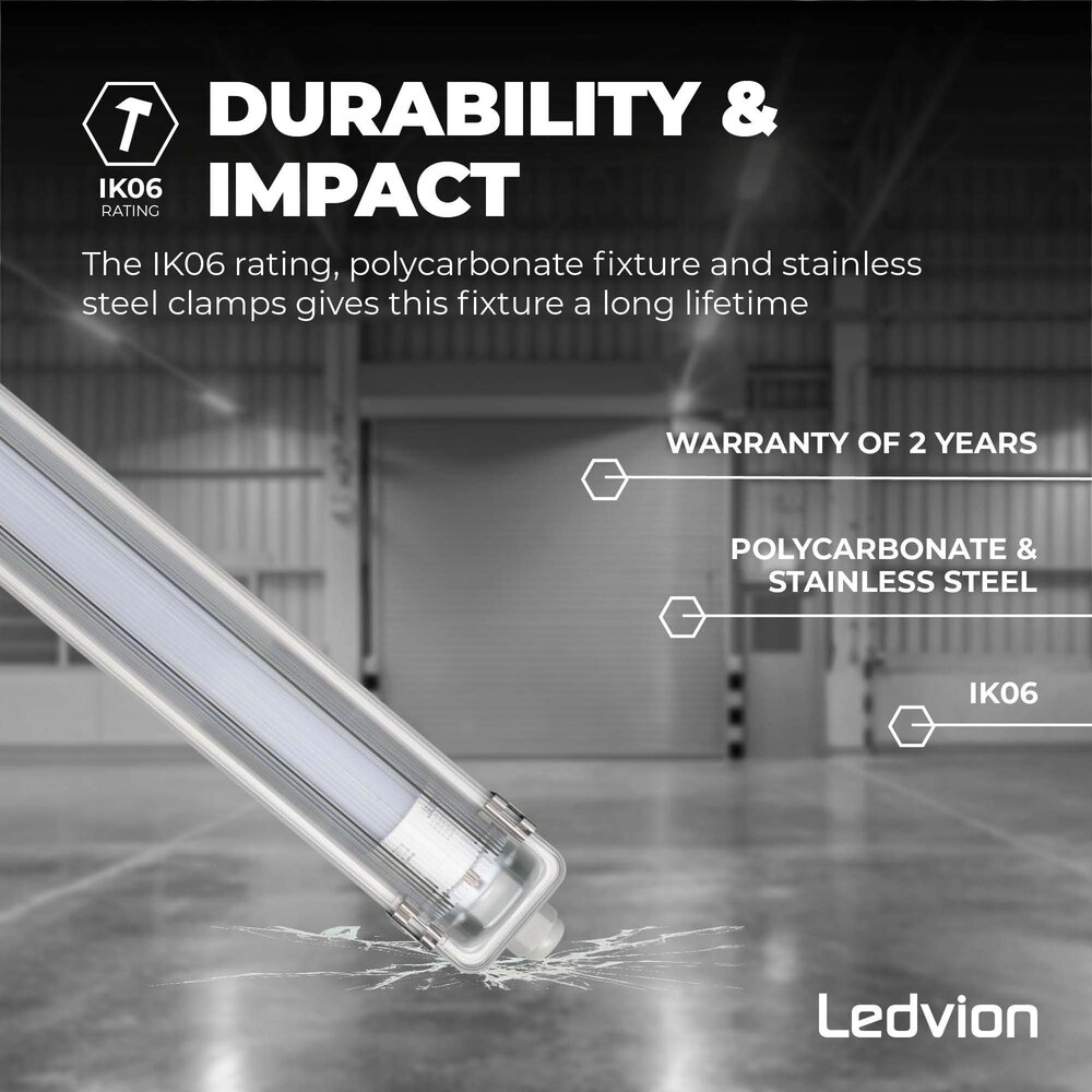 Ledvion Réglette LED 60CM - 6.3W - 1100 Lumen - 6500K - Haute Efficacité - Étiquette Énergétique C - IP65 - avec tube fluorescent LED