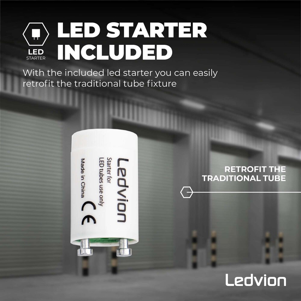 Ledvion Réglette LED 60CM - 6.3W - 1100 Lumen - 6500K - Haute Efficacité - Étiquette Énergétique C - IP65 - avec tube fluorescent LED