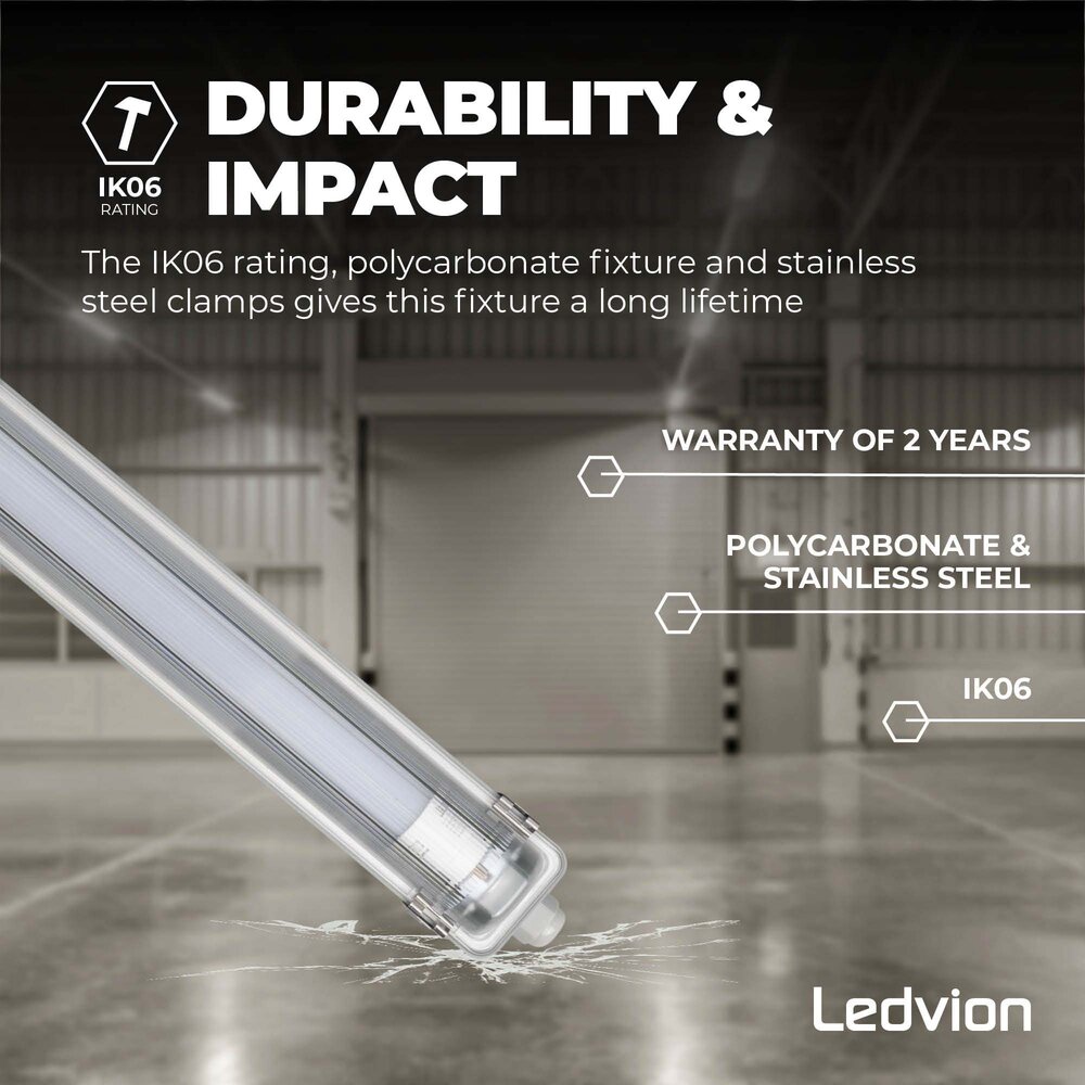 Ledvion Réglette LED 120CM - 12W - 1920 Lumen - 4000K - IP65 - avec tube fluorescent LED