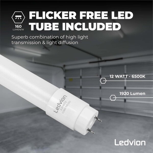 Ledvion Réglette LED 120CM - 18W - 3330 Lumen - 6500K - Haute Efficacité - Étiquette Énergétique B - IP65 - avec tube fluorescent LED