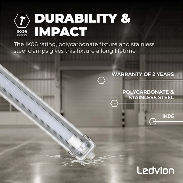 Ledvion Réglette LED 150CM - 28W - 5180 Lumen - 4000K - Haute Efficacité - Étiquette Énergétique C - IP65 - avec tube fluorescent LED