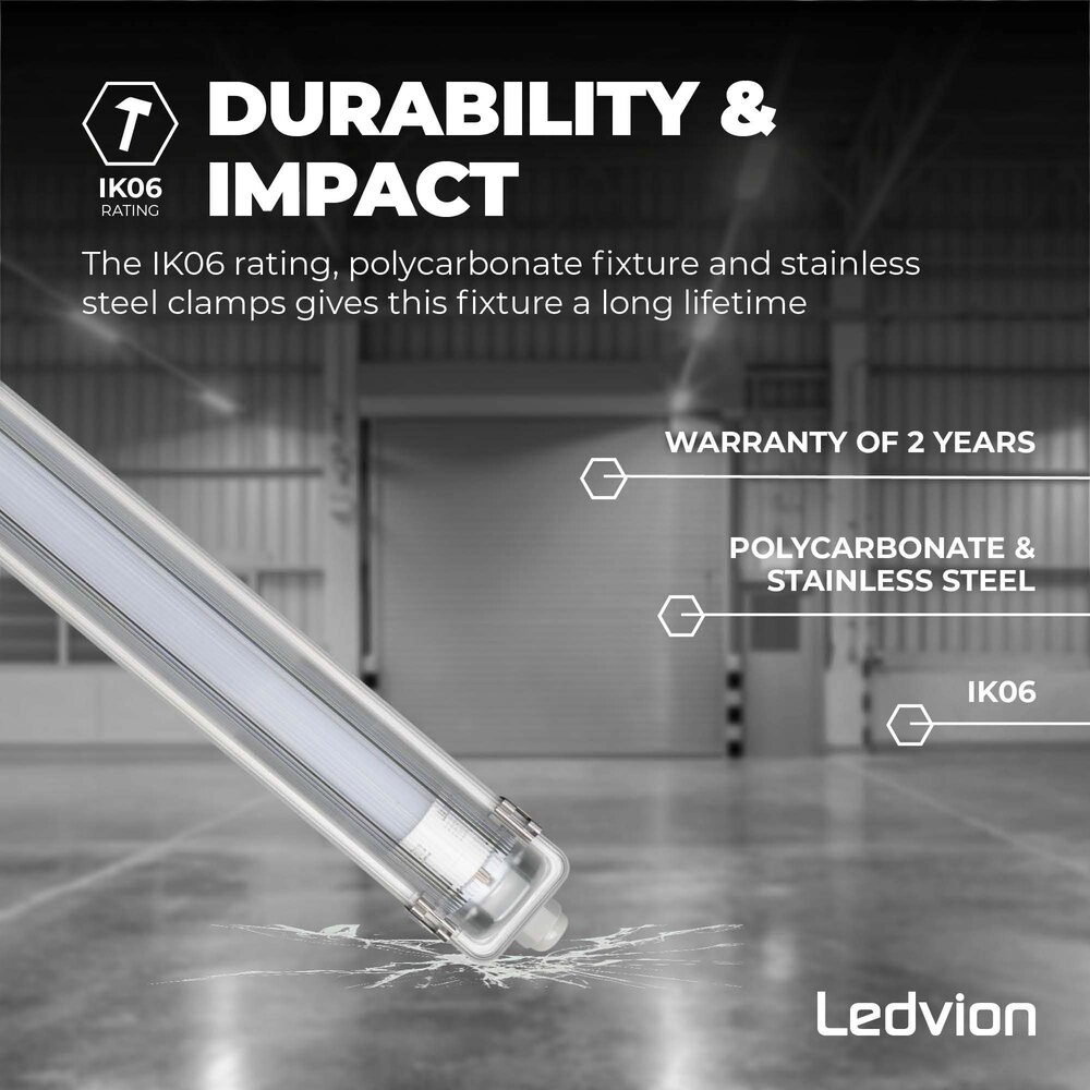 Ledvion Réglette LED 150CM - 15W - 2400 Lumen - 6500K - IP65 - avec tube fluorescent LED