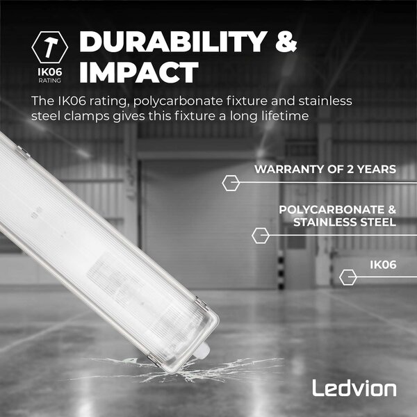 Ledvion Kit de Réglette LED étanche Double IP65 - 60CM - Clips en acier inoxydable