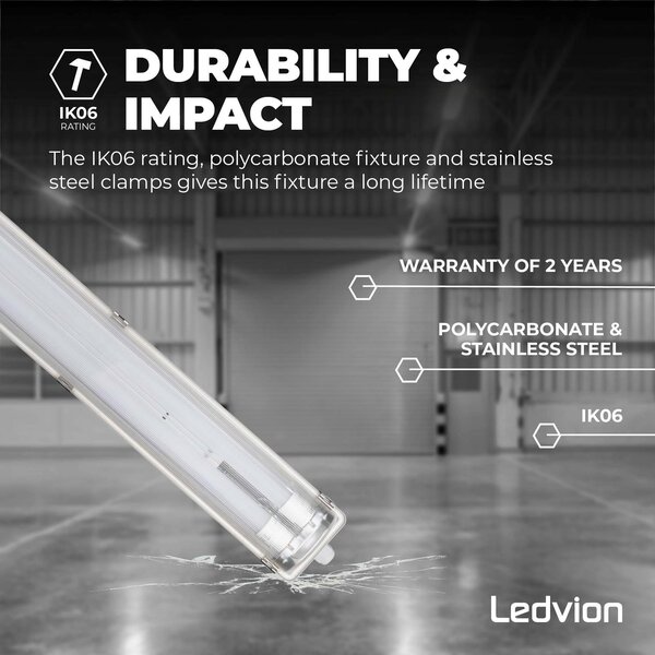 Ledvion Réglette LED 60CM - 2x6.3W - 1100 Lumen - 6500K - Haute Efficacité - Étiquette Énergétique C - IP65 - avec tube fluorescent LED