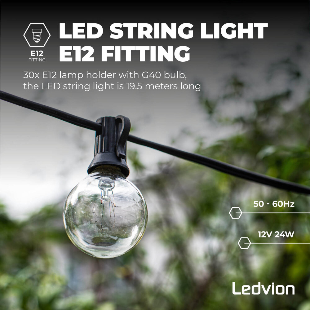 Ledvion 16,5m Guirlande Guinguette LED + câble de connexion 3m - 12V - IP44 - Liable - Avec 30 lampes LED - Plug & Play