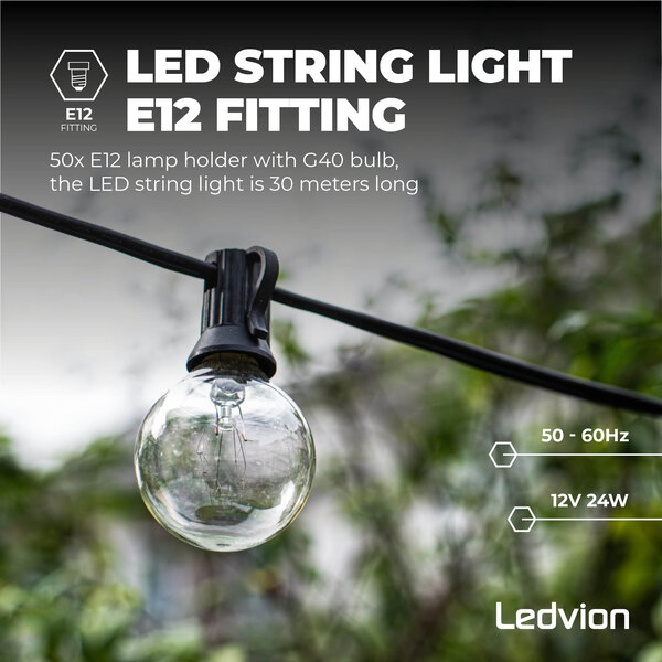 Ledvion 27m Guirlande Guinguette LED + câble de connexion 3m - 12V - IP44 - Liable - Avec 50 lampes LED - Plug & Play