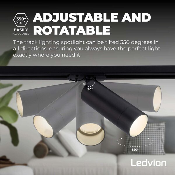 Ledvion 1m LED Spot sur rail - 4 Luminaires - Dimmable - Rail Monophasé - Noir