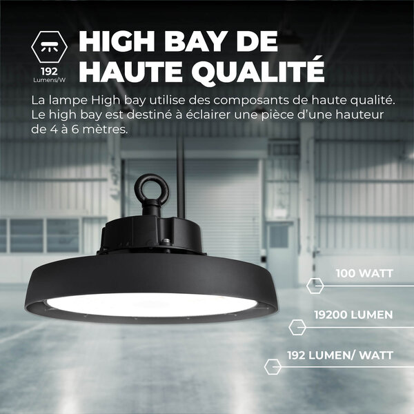 Ledvion High Bay LED 100W - Classe énergétique A - 120° - 192 Lm/W - 6000K - IP65 - Dimmable