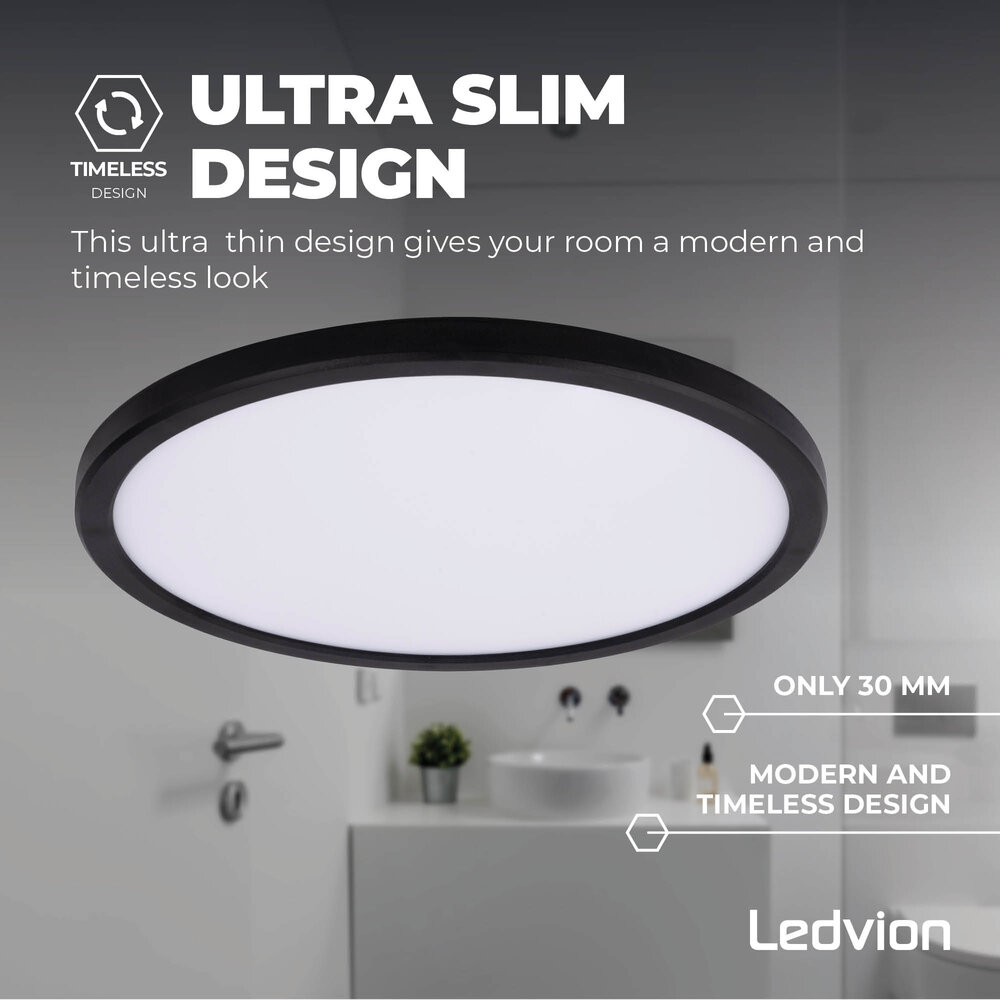 Ledvion Plafonnier LED - 18W - 1620 Lumens - Noir - Ø29 CM - IP44 Etanche - 2700K - Plafonnier de Salle de Bain
