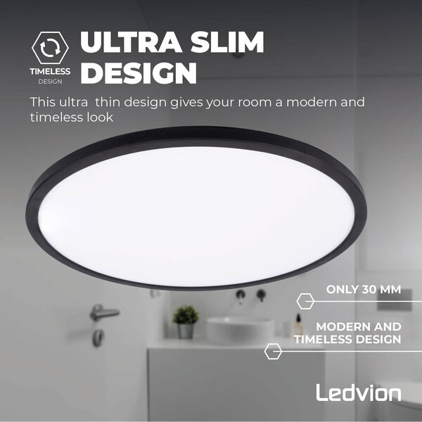Ledvion Plafonnier LED - 24W - 2040 Lumens - Noir - Ø42 CM - IP44 Etanche - 2700K - Plafonnier de Salle de Bain