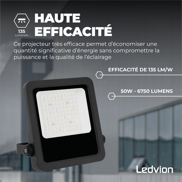 Ledvion Lumileds Projecteur LED - 50W - 6750 Lumens - 4000K - Lentille asymétrique - 5 ans de garantie