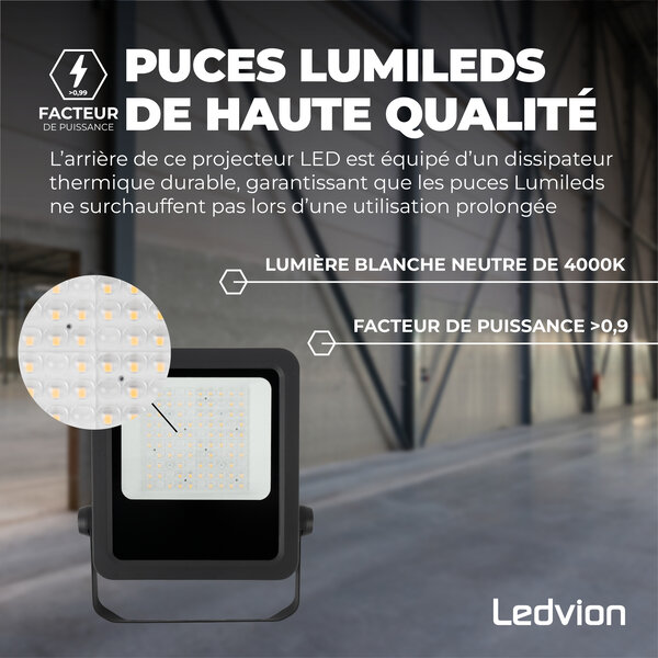 Ledvion Lumileds Projecteur LED - 50W - 6750 Lumens - 4000K - Lentille asymétrique - 5 ans de garantie