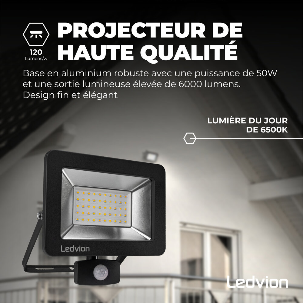 Ledvion Projecteur LED Avec Détecteur de Mouvement 50W - Osram Chip LED - 6500K