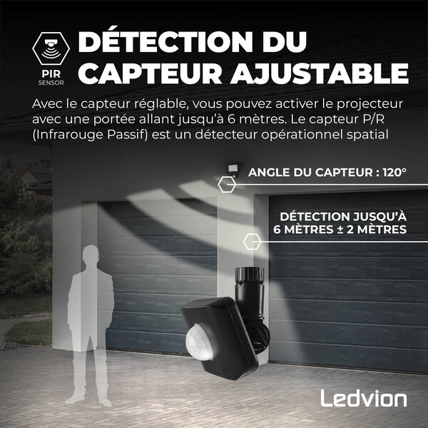 Ledvion Projecteur LED avec Détecteur de Mouvement 30W - Osram Chip LED - 3600 Lumen - 4000K