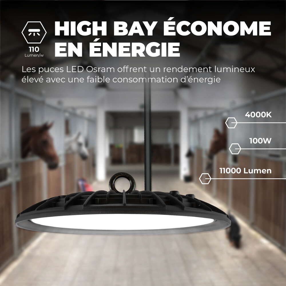 Ledvion High Bay LED 100W - Osram Chip LED - 90° - 110Lm/W - 4000K - IP65 - 2 ans de garantie