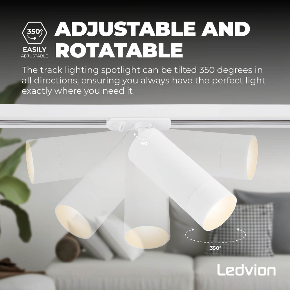 Ledvion 2m LED Spot sur rail - 5 Luminaires - Dimmable - Rail Monophasé - Blanc
