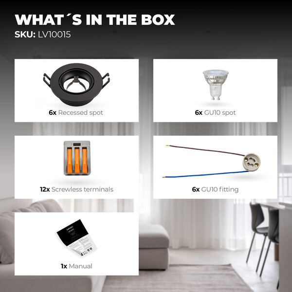 Ledvion Spot Encastrable LED - Dimmable - Noir - Rio - 3W - 2700K - Ø85mm - 6 pièces