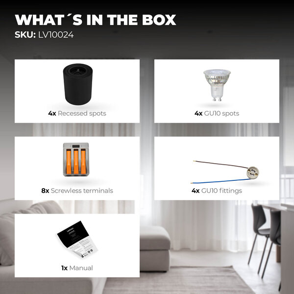 Ledvion 4x Spot LED Dimmable  - Rond - Noir - 3W - 2700K - Inclinable - IP20