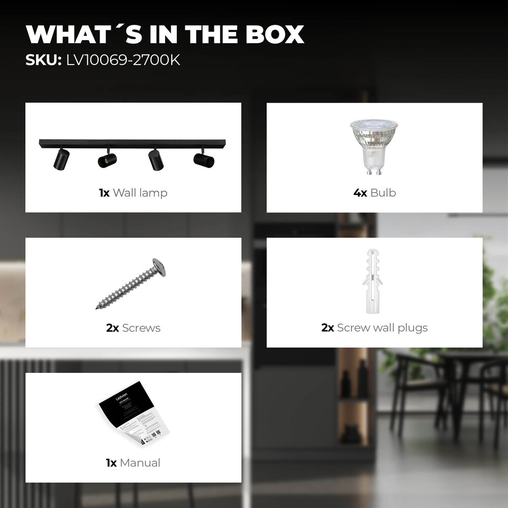 Ledvion Spot Plafonnier LED Noir à 4 lumières - 3W - 2700K - Inclinable