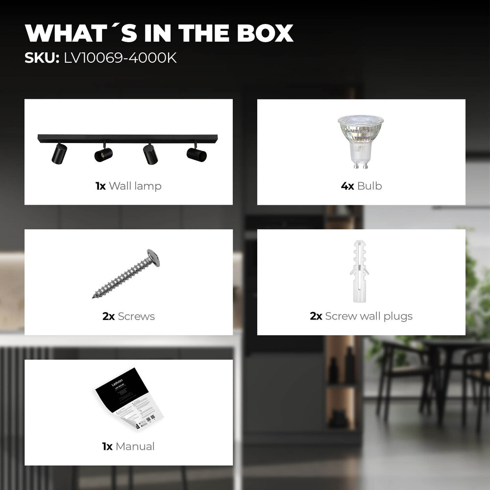 Ledvion Spot Plafonnier LED Noir à 4 lumières - 3W - 4000K - Inclinable