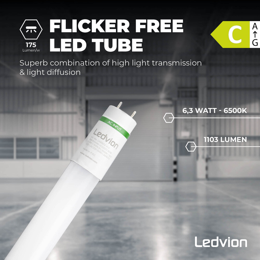 Ledvion Tube néon LED 60CM - 6,3W - 6500K - 175 Lm/W - Haute efficacité - Label énergétique C - 25 pack